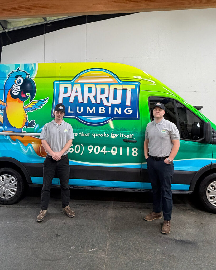 plumbers standing in front of the van